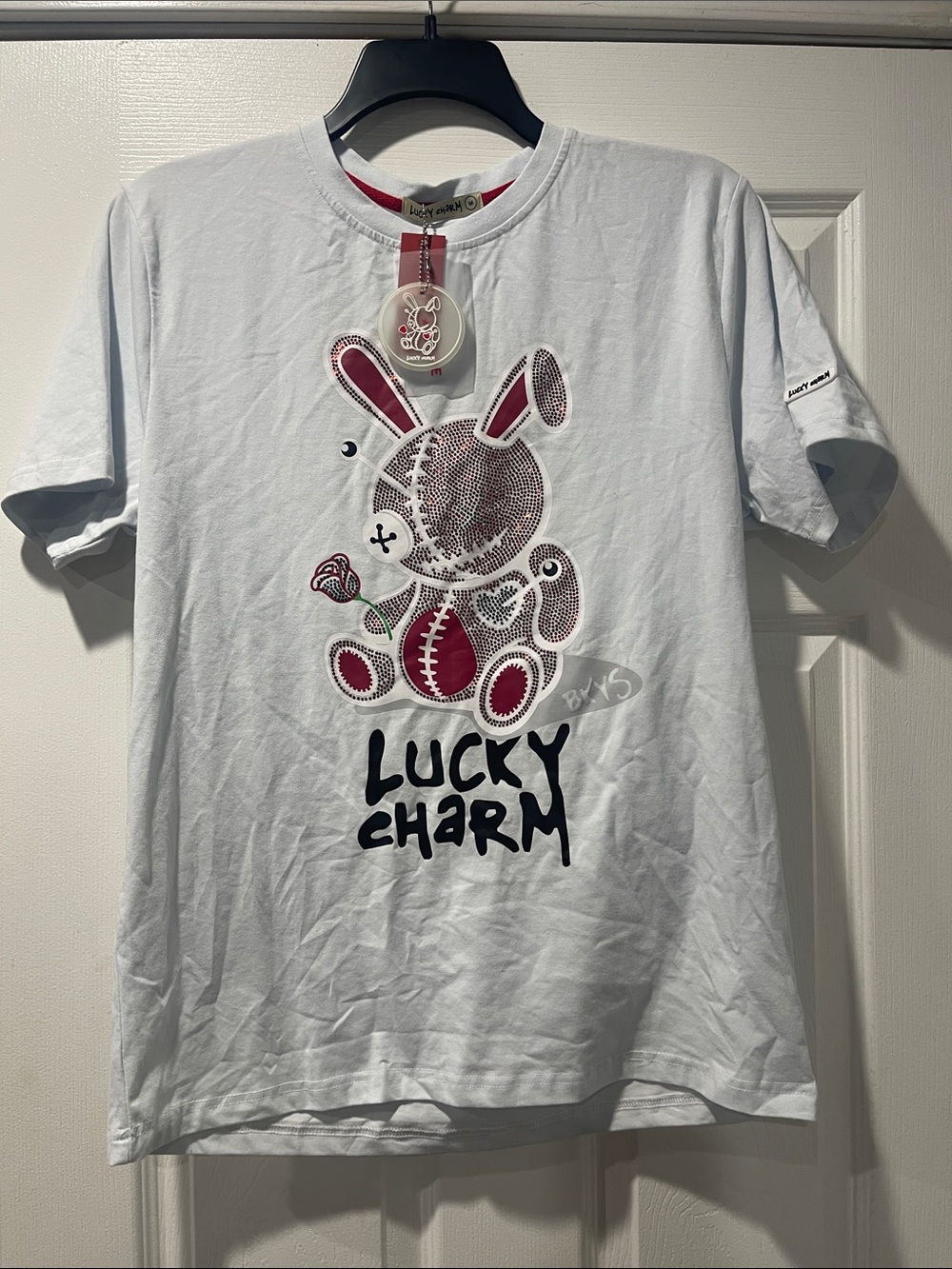 BKYS Lucky Charm White Graphic Tee with Red Bunny Accent